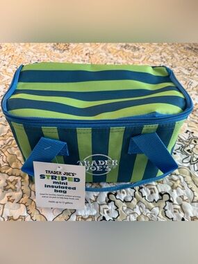 Trader Joe's Mini Insulated Tote Bag Lime Blue Stripe Zipper Limited Edition NWT